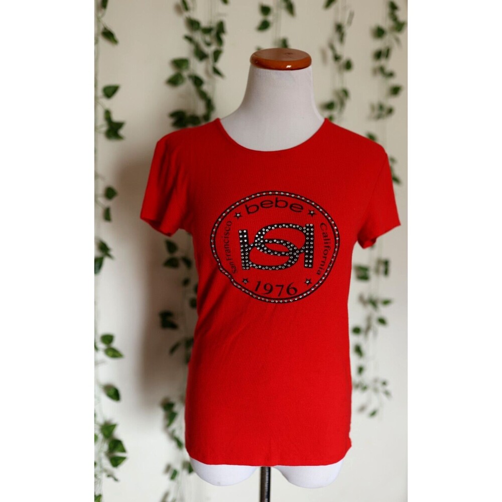 Bebe Women Y2K Top Red Black Logo Rhinestone Stretch Knit Short Sleeve Top M